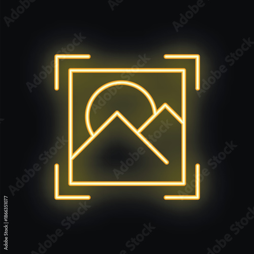 Golden neon icon of image focus with mountains and sun for photography app