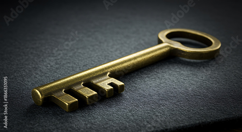 A vintage brass key rests on a dark textured surface evoking mystery
