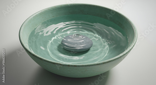 A serene teal bowl filled with water and a small stone creating ripples
