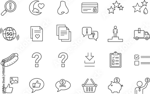 Comprehensive thin line icon set featuring book research video play database servers social media likes chemistry lab equipment and mortgage percentage symbols
