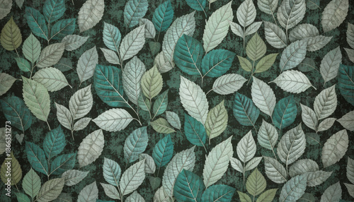 Seamless leaf pattern featuring various shades of green and gray leaves on dark background