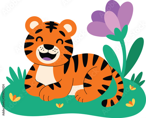 Cute cartoon tiger cub smiling and relaxing in grassy field with purple flower cheerful animal illustration for children's book cover design vibrant wildlife graphic resource happy friendly character