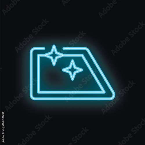Blue neon icon of a clean and shiny car windshield glowing on a black background