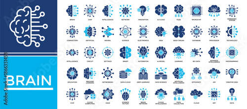 Brain icon set collection. Containing organ, mind, database, efficiency, networking, computing, intelligence .Solid vector icons collection