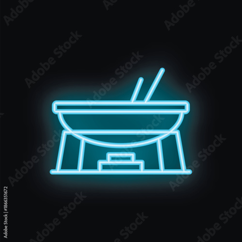 Blue neon icon of a fondue pot heating on a burner with two skewers