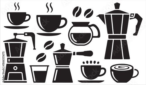 Coffee and Beverage Silhouette Icons with Cups and Espresso Makers