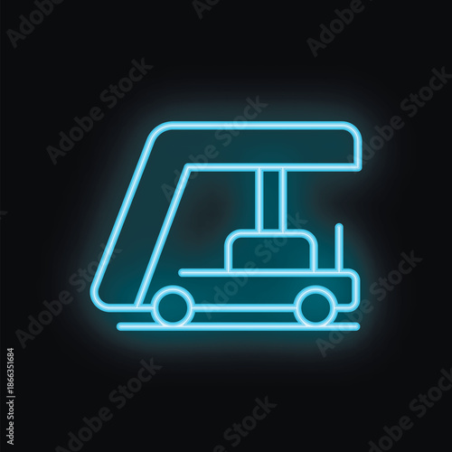 Blue neon sign of an airport baggage handler vehicle moving luggage on a conveyor belt on a black background