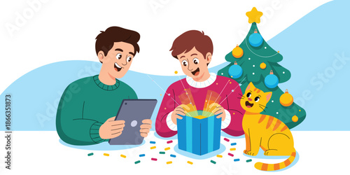 Happy boys opening magical Christmas gift box with tablet and cute cat near decorated Christmas tree in cozy home cheerful family holiday celebration festive season present vector illustration for gre