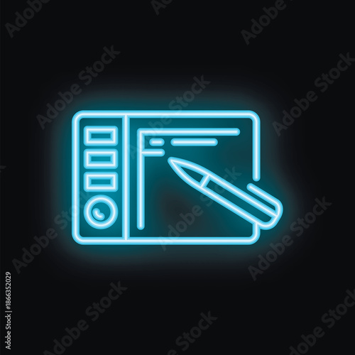 This neon icon depicts a graphic tablet with a stylus, symbolizing digital art creation