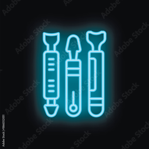 Blue neon icon of medical tools glowing on dark background