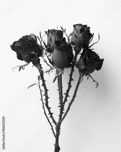 Minimal black rose bouquet wilted, dramatic on white background high contrast stock photo vertical