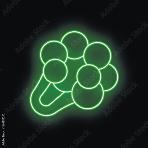 Green neon sign showing a bunch of balloons floating on black background