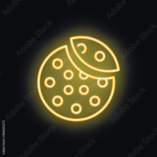 Yellow glowing neon icon of a chocolate chip cookie with a bite missing on a black background