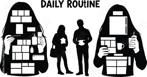 Daily Routine Silhouettes of People with Tasks and Responsibilities