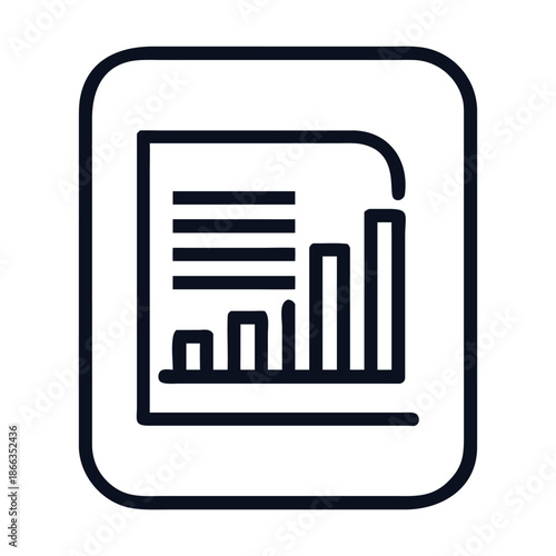 A minimalist line art icon of a business report with bar chart, isolated on, representing data analysis, financial growth, and performance tracking in a modern design