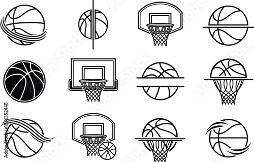 basketball, ball, hoop, basket, sport, game, athletic, training, competition, court, dunk, score, net, equipment, silhouette, icon, illustration, vector, set, collection