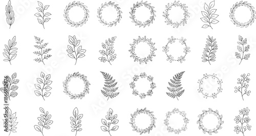 Hand-drawn botanical and floral ornament set featuring sketchy leaf branches fern fronds and decorative wreaths for wedding stationery organic branding and eco-friendly design