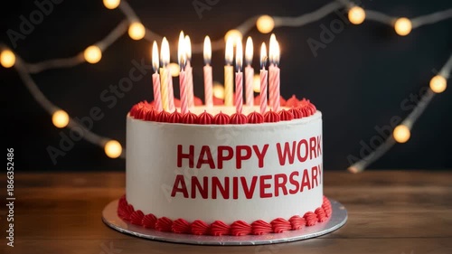 Happy work anniversary celebration with lit candles on white cake