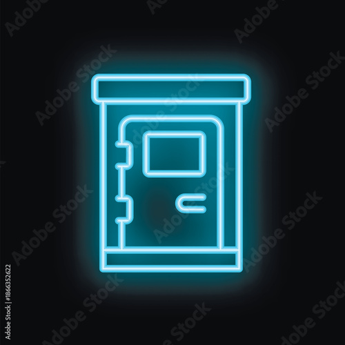 Blue neon icon of a metal door with a window glowing on a dark background