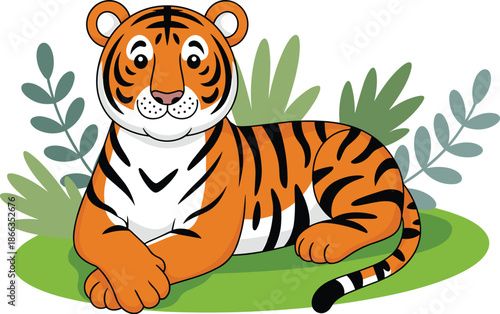 Cute cartoon tiger lying on grass in jungle foliage adorable happy wildcat character illustration for children's book animal education materials wildlife conservation awareness campaign graphic design