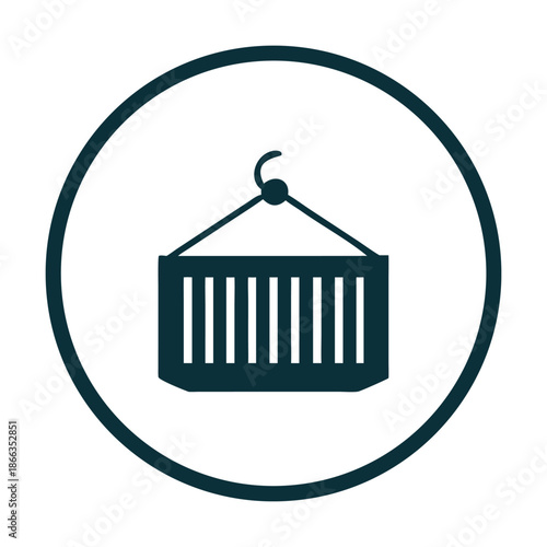 A minimalist teal icon depicts a shipping container suspended from a hook within a teal circle, isolated on a, symbolizing global trade and efficient logistics