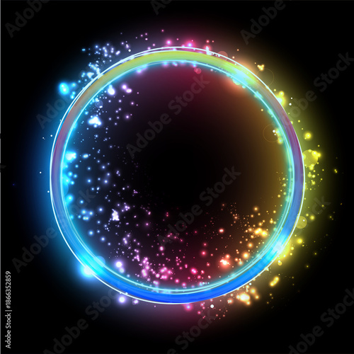 Vibrant Multi-Color Glowing Neon Ring, surrounded by glowing particles and light trails, creating a dynamic energy effect