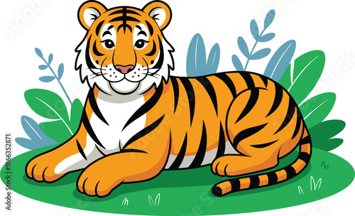 Cartoon Bengal Tiger Lying Down Relaxing in Jungle Foliage Illustration Wildlife Animal Character Design for Children's Book Mascot Graphic Design Projects Nature Conservation Awareness Educational Ma