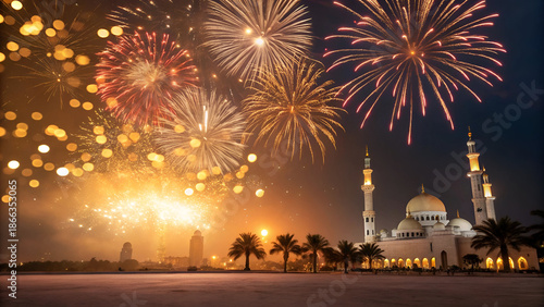 Fireworks and Golden Bokeh Lights on Festive Background for New Year Celebration, Ramadan Holiday Event and Joyful Festival Concept with Copy Space