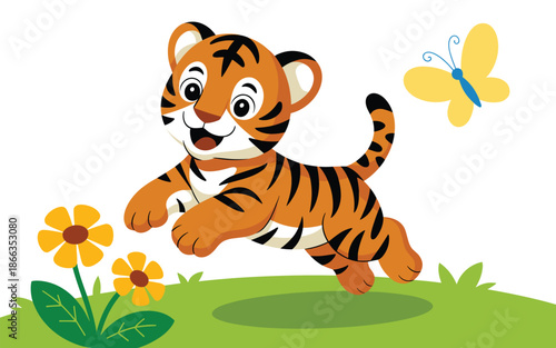 Adorable cartoon tiger cub jumping happily in green grass field chasing yellow butterfly cheerful wildlife animal illustration for children's book cover design animal themed birthday party invitation