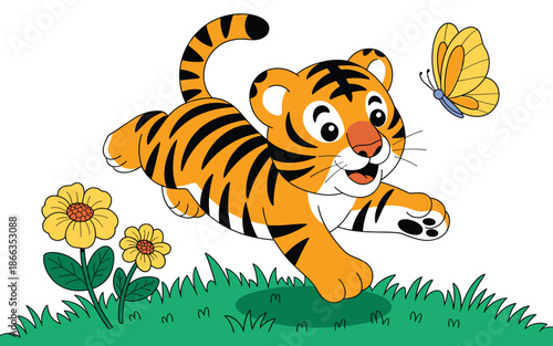 Cute cartoon tiger cub jumping playfully in green grass field with flowers and butterfly happy wildlife animal character illustration for children's book covers posters educational resources nature th