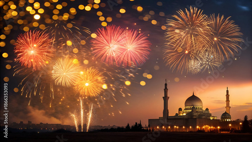 Fireworks and Golden Bokeh Lights on Festive Background for New Year Celebration, Ramadan Holiday Event and Joyful Festival Concept with Copy Space
