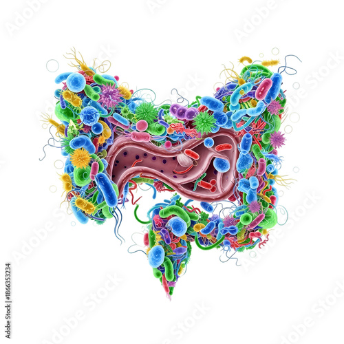 Vibrant microbiome illustration with diverse bacteria and microorganisms