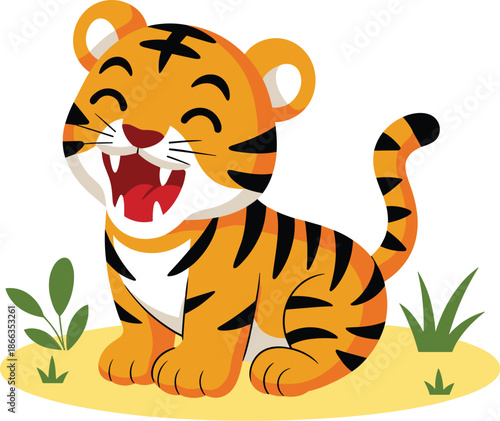 Cute cartoon tiger cub smiling cheerfully illustration vibrant playful animal character design for children's books educational content wildlife conservation awareness campaign posters and social medi