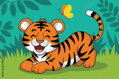 Cute cartoon tiger illustration playing with butterfly in jungle setting happy mammal wildlife exotic animal character for children's storybooks educational materials zoo animal conservation awareness
