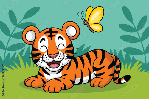 Cartoon tiger lying down with butterfly illustration happy cheerful playful character design for children's book animal wildlife drawing educational resource nature conservation awareness project grap