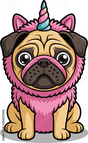Adorable pug dog wearing unicorn costume cartoon illustration sitting patiently looking forward cute pet animal character design for children's book birthday party invitation graphic element whimsical