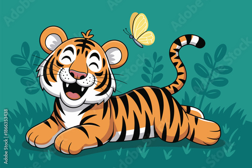 Cute cartoon tiger lying down looking at butterfly illustration playful happy jungle cat character in nature scene for children's book cover animal education wildlife concept cheerful vibrant animal i