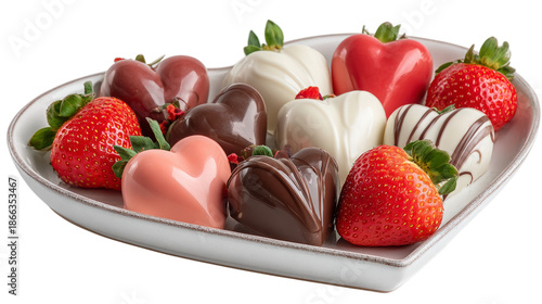 Heart shaped plate of delicious chocolate hearts and ripe strawberries displaying diverse gourmet selection perfect for valentines day celebrations