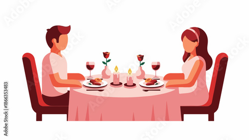 A charming vector illustration capturing a romantic couple enjoying a special candlelit dinner, symbolizing love, togetherness, and intimate celebration at an elegant dining table