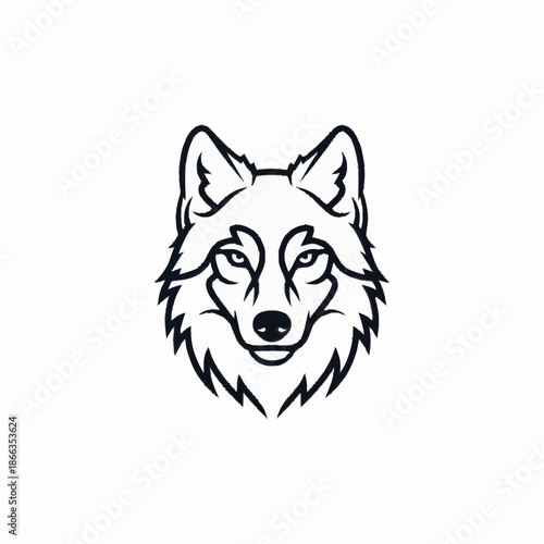 Stylized Wolf Head Emblem Black and White Line Art.