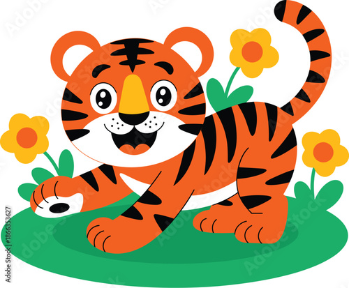 Cute cartoon tiger cub playing in a grassy field with flowers joyful friendly animal character illustration for children's books educational resources or playful marketing materials adorable vibrant d