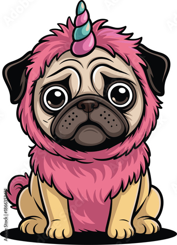 Cartoon pug dog dressed up as unicorn with pink mane and horn sitting adorable puppy character illustration for children's book cover design fun pet adoption animal care veterinary clinic advertising