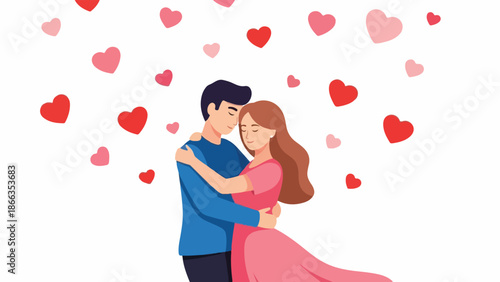 Romantic illustration of a loving couple in a tender embrace, surrounded by floating hearts, symbolizing deep affection, happiness, and connection on a special day