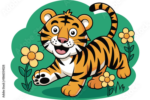 Cute cartoon tiger cub playing in flower garden illustration cheerful playful animal character design for children's book graphics educational resources wildlife conservation awareness posters and fam