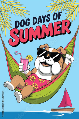 Cartoon bulldog relaxing in hammock with cocktail summer vacation vector illustration for travel and tourism advertising fun holiday design playful character enjoying dog days of summer sea breeze lei