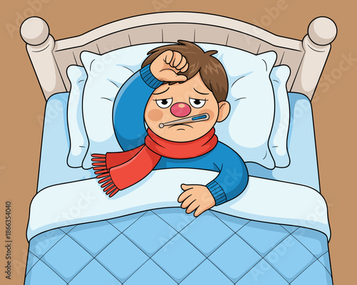 Cartoon boy with fever lying in bed sick with thermometer in mouth resting at home illustration of illness and health care cute character for children's books and medical presentations disease and vir