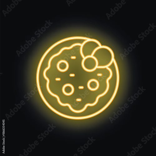Yellow neon sign depicting tasty pizza with olives, glowing on black background