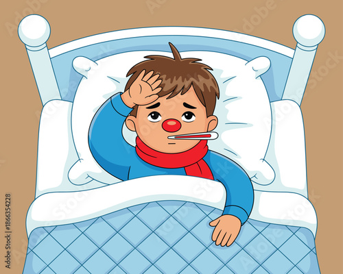 Sick cartoon boy lying in bed with fever and thermometer illustration suffering from flu cold virus infection disease health problem medical condition unwell patient resting at home for children healt