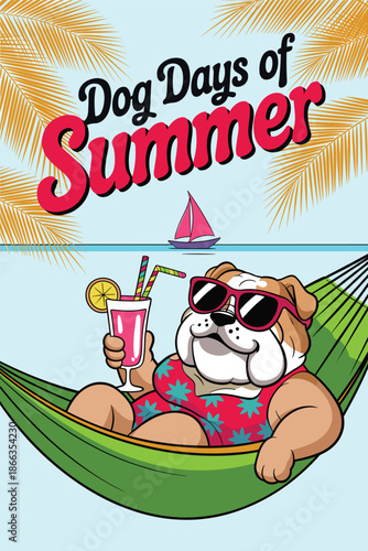Cartoon bulldog relaxing in hammock with cocktail tropical summer vacation dog days beach getaway with palm trees and sailboat summertime holiday leisure canine pet illustration for travel tourism adv