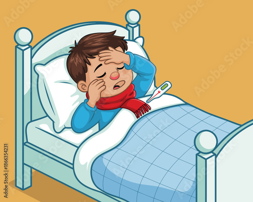 Sick cartoon boy with fever lying in bed feeling unwell child patient suffering from cold flu symptoms seasonal virus infection healthcare illustration for medical website blog content about pediatric